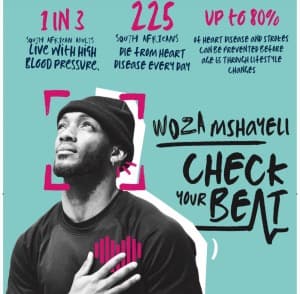 blue background with a man who has his hand his heat. Copy is urging people to get their heart checked out. Some words like "woza mshayeli" are written in vernacular as the even will be held at bara taxi rank