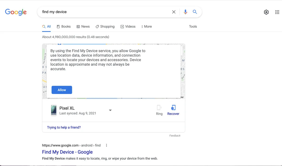After giving permission, you may be able to ring your phone directly from the Google search page.