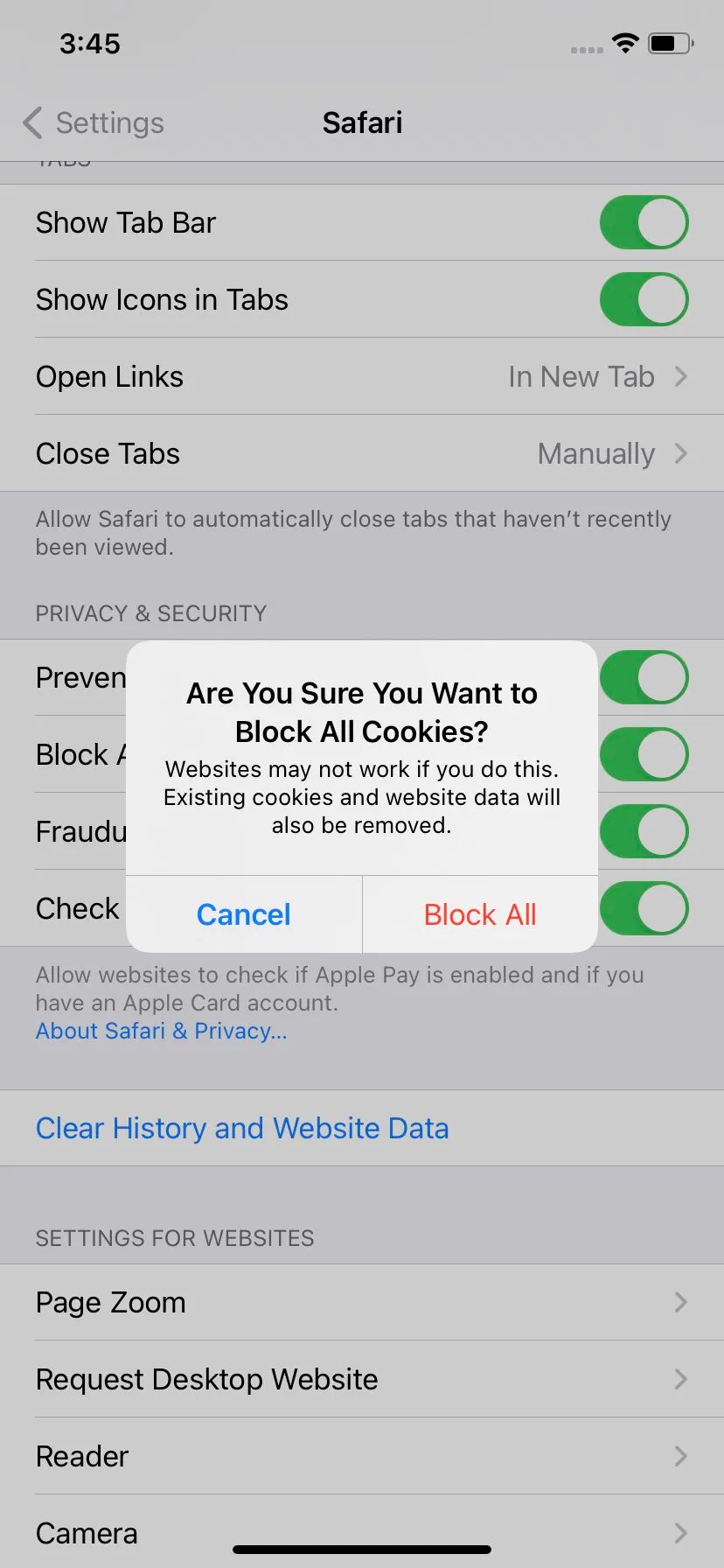 Enabling “Block All Cookies” is more secure, but can also be inconvenient