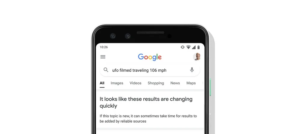 A Google search result for “ufo filmed traveling 106 mph” with the warning label.