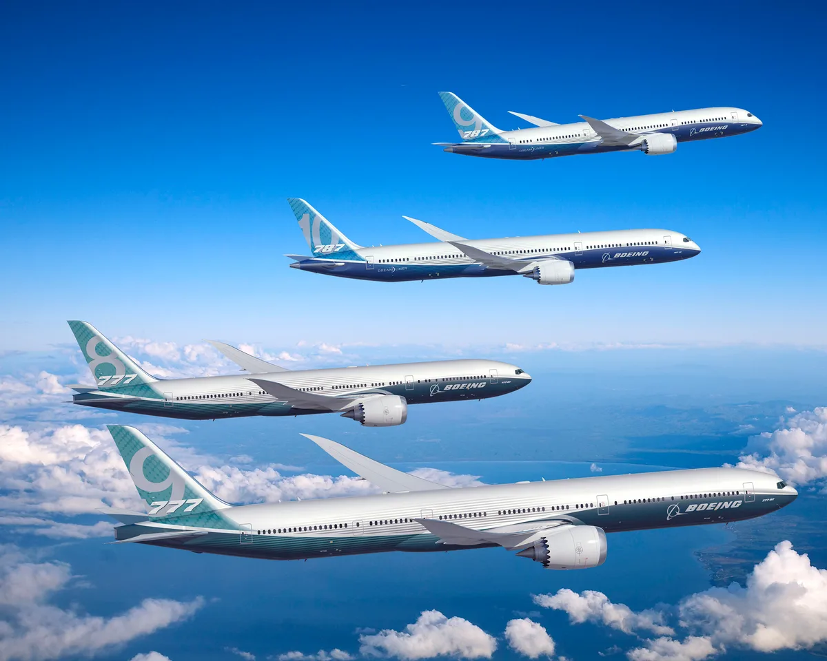 A collection of Boeing planes flying in formation.