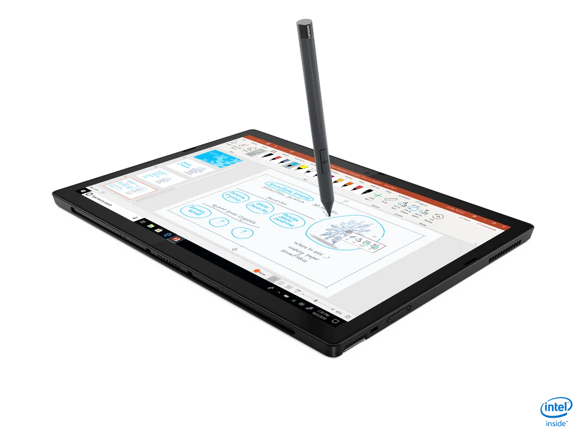 The ThinkPad X12 Detatchable in tablet mode, being written on with a stylus.