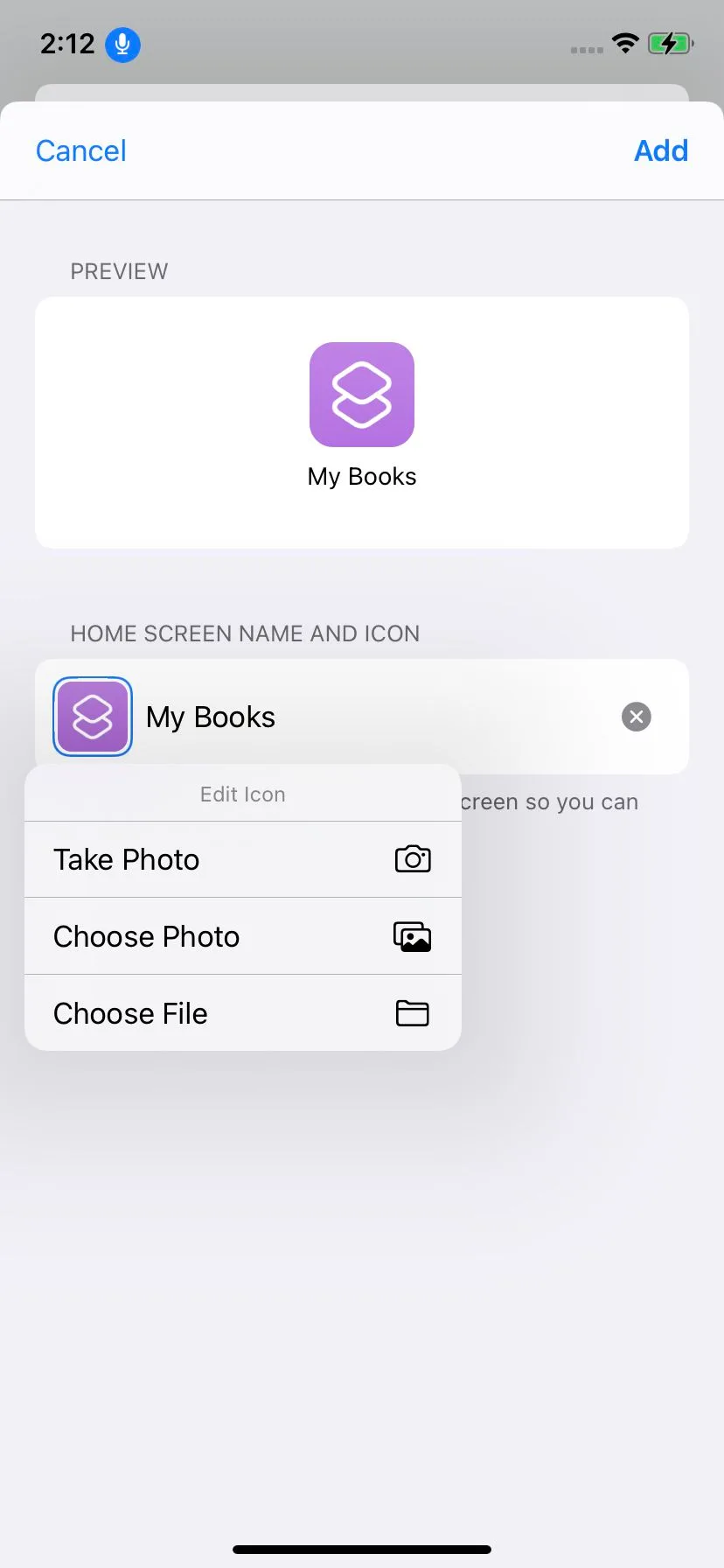 You can create an icon from a new photo, a saved photo, or a file