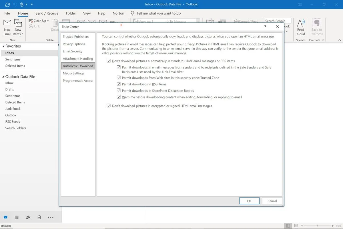 Disable image autoloading in Microsoft Outlook