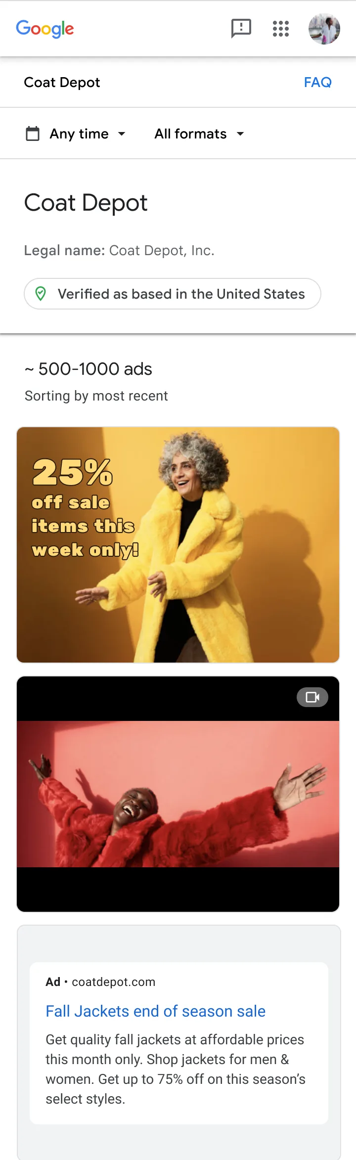 Google’s advertising control options, displaying information for a US-based company called Coat Depot