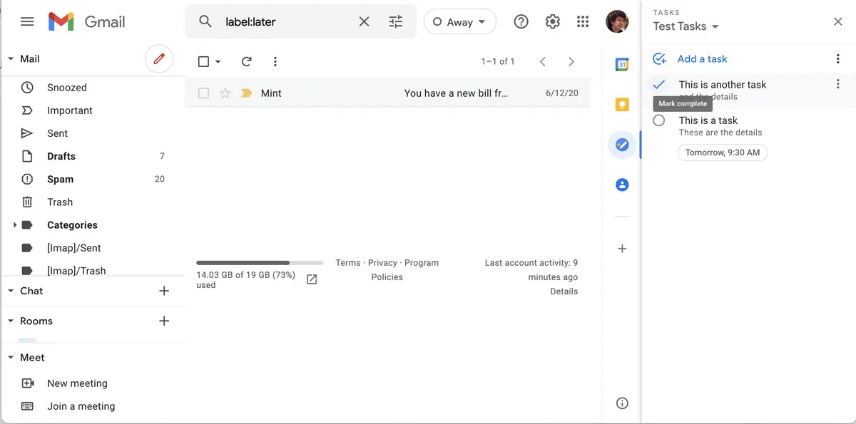 To mark a task as complete, click on the circle to the left of the task