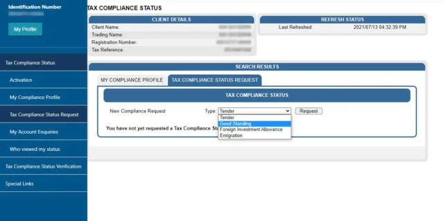 SARS tax compliance status request